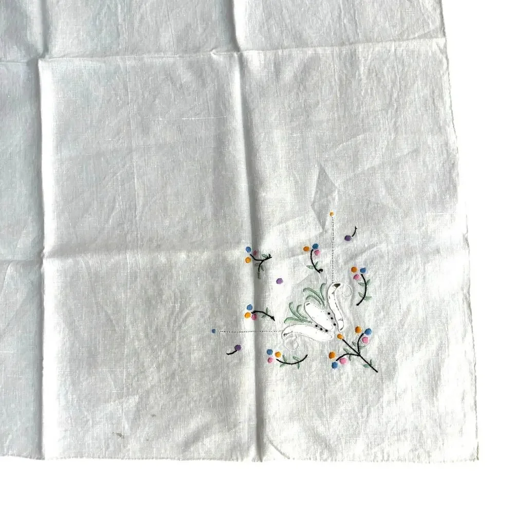 Vintage linen blend tablecloth topper embroidery cutwork creamy white square